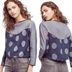 ANTHROPOLOGIE POSTMARK Metallic Dot Cropped Knit Sweater Navy Silver Size Medium
